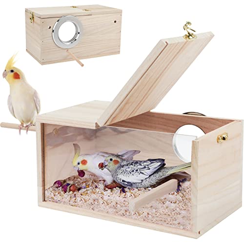 Rypet Parakeet Nesting Box, Cockatiel Bird Nest Box with Perch(L) | Wood Bird Cage House, Transparent Thwartwise Design, Warm & Durable for Cockatiel Lovebirds Budgie Finch Parrotlets Canary - size: Large