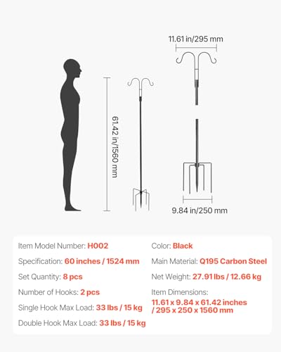 VEVOR Double Shepherds Hooks for Outdoor, 8 Pack 60 Inch Heavy Duty Bird Feeder Pole, 3/4 Inch Thick Garden Hooks for Hanging Hummingbird Feeder, Plant Baskets, Solar Light Lanterns,Wind Chimes
