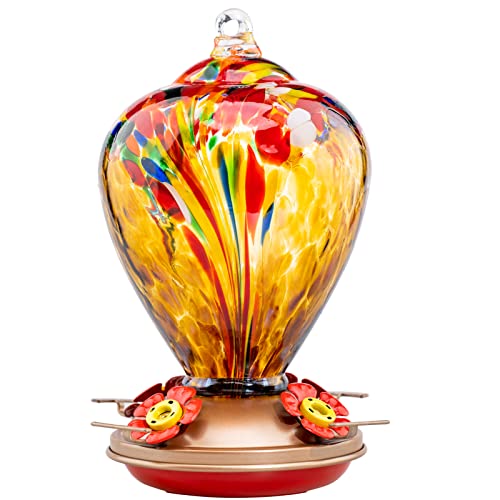Hummingbird Feeder, 34OZ Hand Blown Glass Hummingbird Feeders for Outdoors Hanging, 4 Feeding Perch with Ant Moat Leakproof, Garden Yard Decor Gifts for Women Mom (Golden Balloon) | Decorative Self Hanging Nectar Bird Feeder for Hummingbirds, Garden Patio