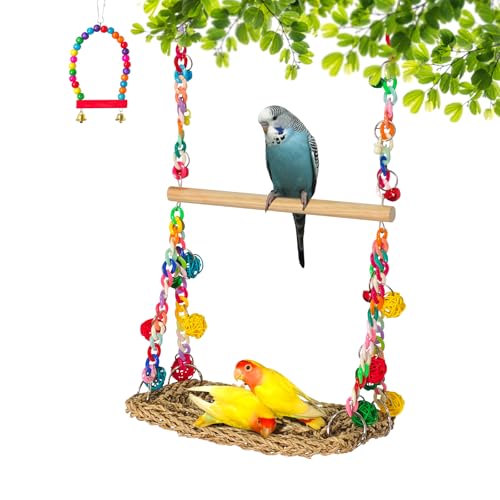 Natural Bird Swing Toys with Wood Perch, Double Layer Bird Seagrass Woven | Climbing Hammock with Chewable Perch Stand Chewing Toy for Parakeets, Budgies, Conures, Cockatiels, Lovebirds