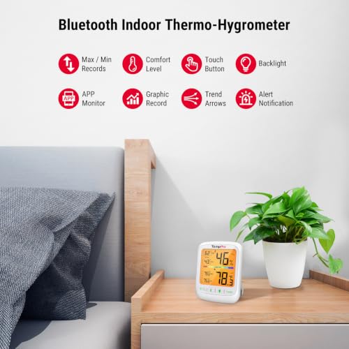 TempPro TempAir Bluetooth Hygrometer Thermometer with Large Backlit LCD | 260 ft Wireless Remote Temperature and Humidity Monitor, Indoor Room Thermometer and Humidity Gauge with Max Min Records