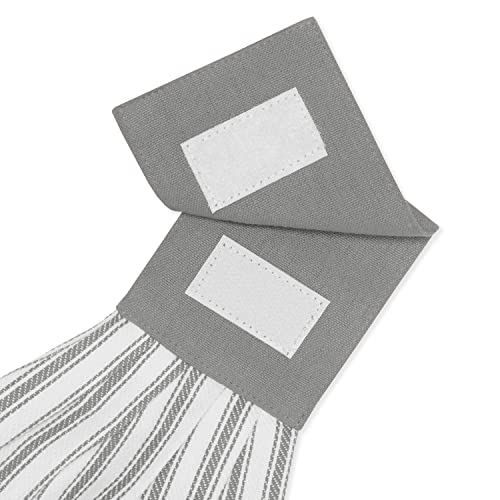 Alloy Gray and White Ticking Stripe Hanging Kitchen Dish Hand Towel Cotton with Button Accent, Set of 2 - color: Alloy Gray