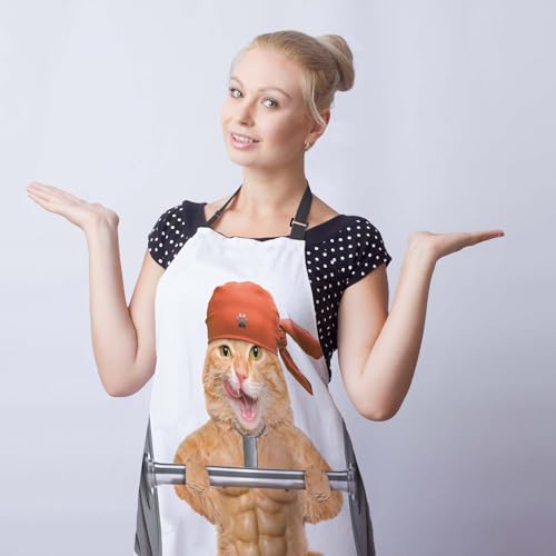 Apron Kitchen for Women Fitness Cat Mans Aprons for Cooking Funny for Kitchen Cooking Restaurant BBQ Painting Crafting Gardening 27” (W) x 31” (H), Waterproof Apron - color: Fitness Cat