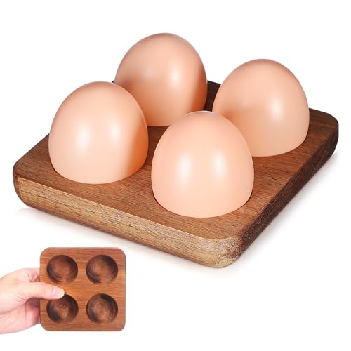 Sewroro Wooden Egg Holder 4 Slots Tray Countertop Egg Storage Organizer Chicken Display Rack For Kitchen Refrigerator