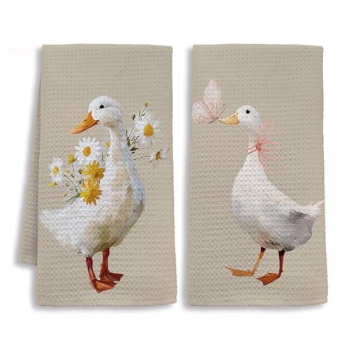 Goose Gifts Kitchen Towels, Goose Lover Gifts Dish Tea Towels for Kitchen, Farmhouse Floral Geese Butterfly Decorative Hand Towel for Bathroom Decor, 16x24 Inch Set of 2 - color: White Goose