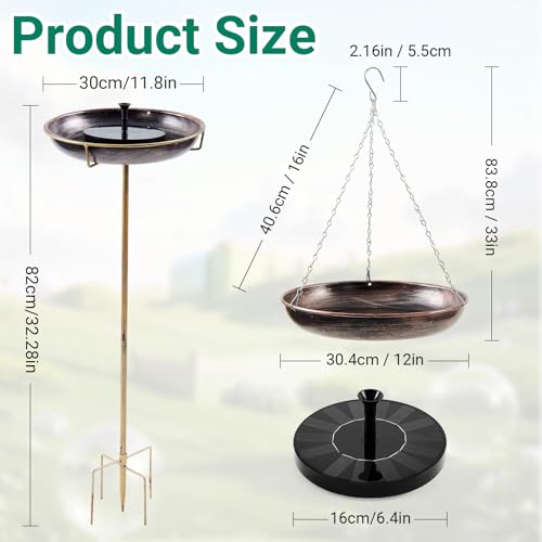 Glooglitter 32" H*12" W Bird Bath with Solar Fountain Fountain Hanging & Freestanding 2 in 1 Outdoor Garden Decor Metal Ground Stake with Solar Pump for Birds Patio Yard 1 Gallon Antique Bronze