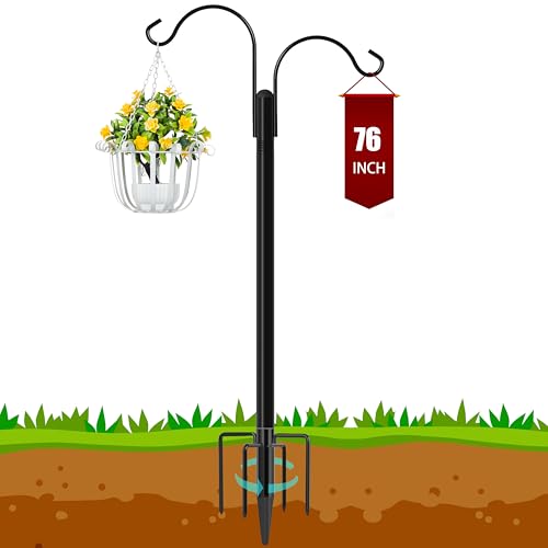 Ottsuls Double Shepherds Hooks for Outdoor, 76 Inch Bird Feeder Pole with 5 Prong Base, Upgrade 1 INCH Thick Heavy Duty Planter Hook for Hanging Baskets, Lantern,1 Pack - size: 76 IN