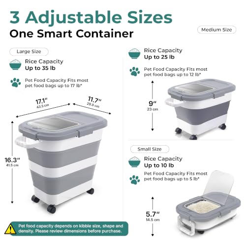 Home & Hearthly Collapsible Rice Storage Container 25–35 lbs, Airtight, Space-Saving Food Storage Bin with Wheels and Measuring Cup, Easy-Pour Grain Dispenser for Rice, Flour and Pet Food