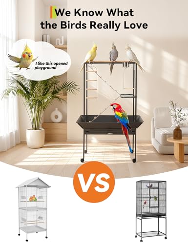 Large 66'' Black Bird Cage Play Center – Perches, Ladders, Rotating Ring, Removable Tray, Lockable Casters – Spacious Detachable Aviary for Macaw, Parakeet, Conure
