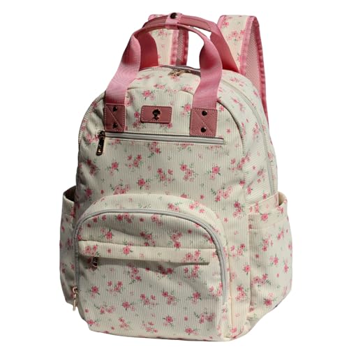 Diaper Bag Backpack Corduroy Multifunction Baby Fashion Travel Pack office Laptop Bag - color: White Pink Flower
