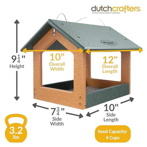 DutchCrafters Amish USA Made Recycled Plastic Large Hanging Modern Fly Through Covered Roof Open Platform Tray Bird Feeder for Outdoors, Garden, Yard (Turf Green & Bright Cedar) - color: Turf Green & Bright Cedar