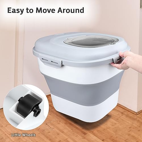Rice Storage Bin Cereal Containers, 13-50lb Collapsible Rice Container Dispenser with Transparent Lid, Rolling Wheels, Measuring Cup and Scoop, Airtight Dog Cat Pet Food Storage Container White - color: White