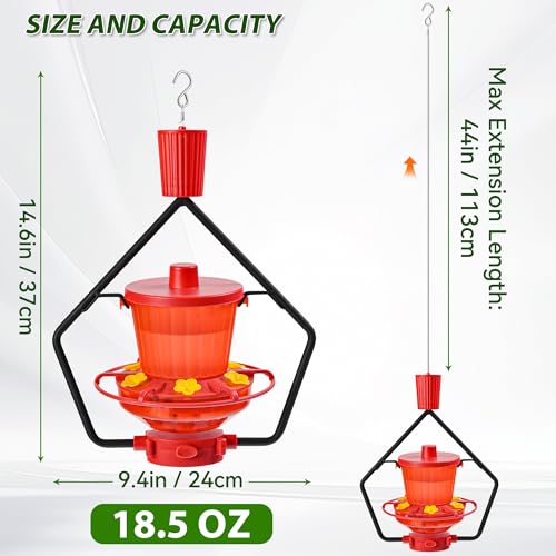 Retractable Hummingbird Feeder – 6 Feeding Ports, Leak-Proof, Ant & Bee Proof, Easy Top-Fill & Easy to Clean, Durable ASA Plastic, 18.5 oz Capacity, Adjustable Hanging System with 44" Extension(Red) - color: Red,1 Pack