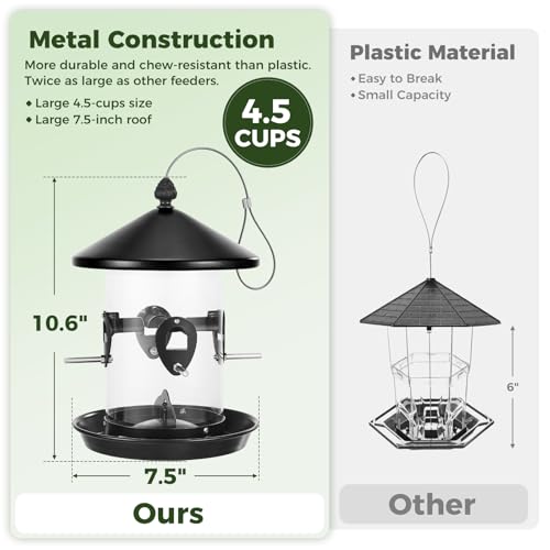 Kingsyard Large Metal Bird Feeder for Outdoors Hanging, Tube Bird Feeders | Squirrel Chew Proof, 4 1/2 Cups Capacity, 8 Ports, 360° Seed Tray, Weatherproof, Easy to Clean & Refill, For Cardinal, Black
