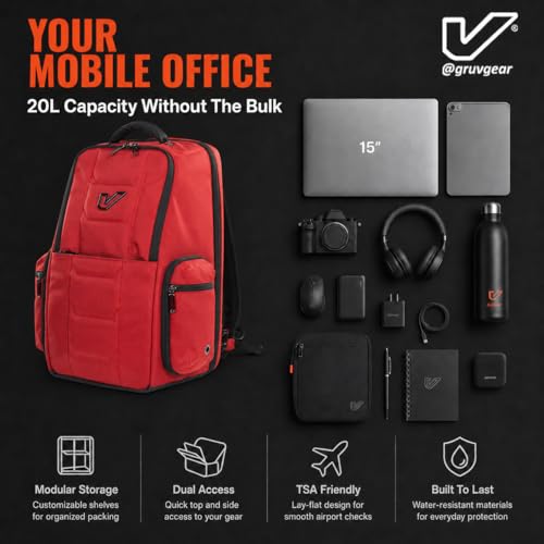 Gruv Gear Travel Laptop Backpack, 20L Red Tech Backpack with Modular Storage Shelves, Dual Access Pockets & TSA-Friendly Design, Compact Carry-On Backpack for Work, Travel & Everyday Carry - color: Red/Carbon Fiber
