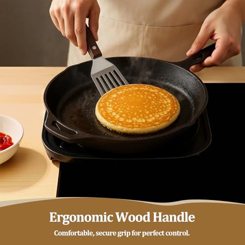Fish Spatula Wide Slot, Premium Stainless Steel with Wood Handle for Flipping Fish, Eggs, Pancakes & Burgers (Small) - size: Small