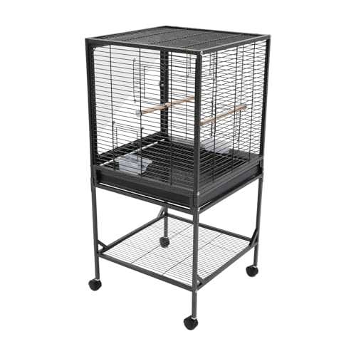 Bird Cage, 17.95 x 17.95 x 38 Inch Mobile Bird Flight Cage Large Metal Parakeet Cage w/Slide-Out Tray & Storage Shelf for Budgerigars Lovebirds Kea Parrots & Sun Conures - color: Black, size: 18.0"L x 18.0"W x 38.0"H