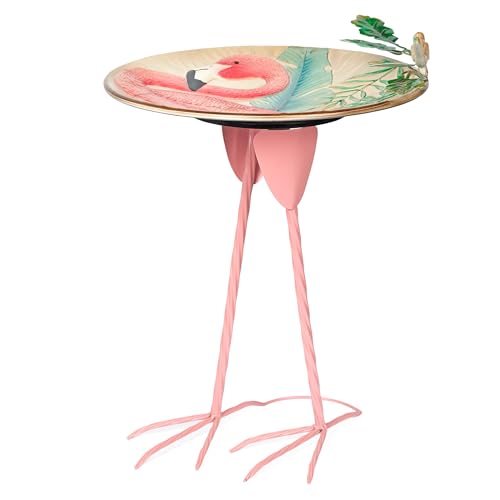 Alpine Corporation ORS876 Outdoor Metal Birdbath w/ Stylish Stand, Flamingo Pattern Birdbath Bowl and Stand, 23"H, Pink/Blue - color: Pink/Blue