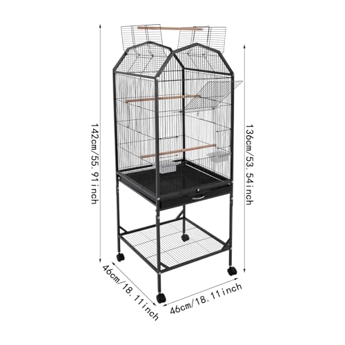 Bird Cage, 18.11 x 18.11 x 53.54 Inch Mobile Bird Flight Cage Large Metal Parakeet Cage w/Slide-Out Tray & Storage Shelf for Budgerigars Lovebirds Kea Parrots & Sun Conures - color: Black, size: 18.1"L x 18.1"W x 53.5"H