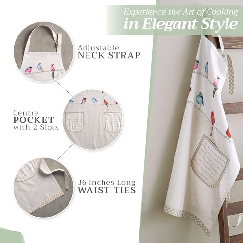 Maison d' Hermine Aprons for women with Pocket 100% Cotton (27.50"x31.50") | Adjustable Neck Strap & long ties Apron Men Chef Wedding Cooking Gardening Server Maid - color: 031 - Birdies on Wire