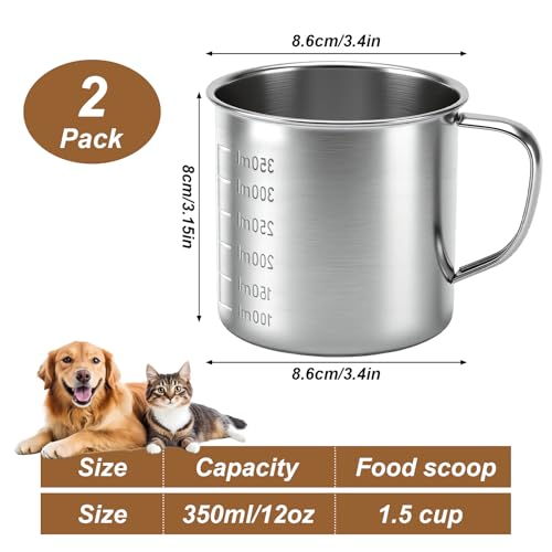 2 Pcs Stainless Steel Dog Food Scoop, Dog Food Measuring Cup | Handle & ML Scale, for Dogs Cats Rabbits Birds