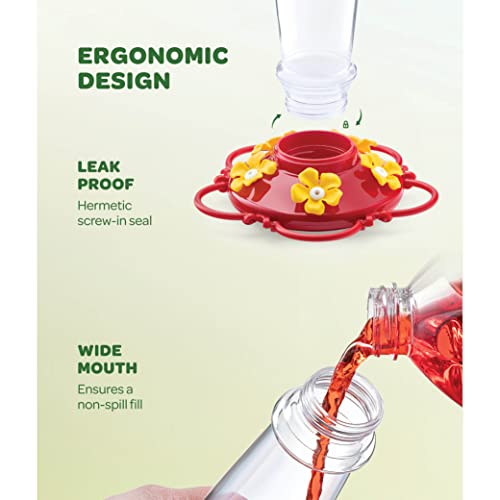 Hummingbird Feeder [Set of 2] Leakproof Clear Plastic 10 oz Wide Mouth. | Features A Built-in Ant Guard - Circular Perch with 5 Feeding Ports - Wide Mouth/2 Part Base for Easy Filling & Cleaning. - size: 10 oz - 2 Pack