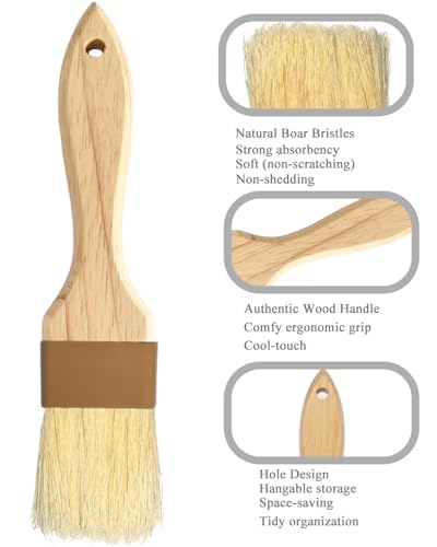 2 Inch Natural Boar Bristle Pastry Basting Brush Set - Wooden Handle Non-Shedding, Food Grade Cooking Brush for Butter, Egg Wash, Oil, Sauce, Baking (2 Pack)