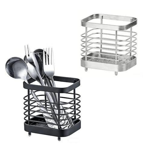 2 PCS Utensil Holder Stainless Steel Drying Rack Flatware Drainer Caddy | Kitchen Counter Cutlery Silverware Forks, Knives, Spoons, Chopsticks Organizer (Black, Silver)