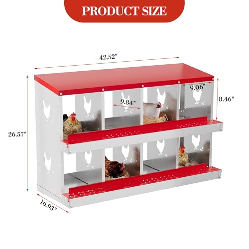 Chicken Nesting Boxes 8 Holes Galvanized Steel Rustproof Egg Laying Box with Egg Collection Systems, Hen Eggs Laying Box, Ventilated/Easy to Install, for Chicken House/Duck House/Hen - color: Red, size: 8 Holes