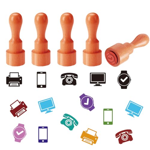AHANDMAKER 5 Styles Mini Office Tech Wooden Rubber Stamp, Small Electronic Products Patterns Stamps for DIY Making Scrapbooking Card Stamping Pottery Clay Crafting - style: Office Tech