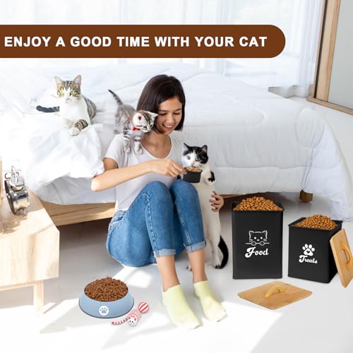 Cat Food Storage Container with Scoop, 2PCS Cat Food Storage Container with Lids Airtight, Cat Treat Jars for Kitchen Counter-7+3Lbs, Cat Cookie Jar for Storage, Black - color: Black