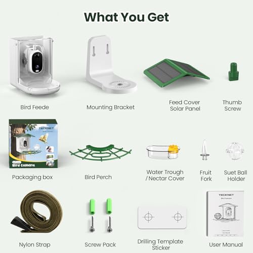 TECKNET Smart Bird Feeder with Camera, 2K UHD Video, AI Bird Species Identification, Instant Arrival Alerts, Solar Powered, Waterproof Birdhouse Camera, Gift for BirdLovers, Family, Green