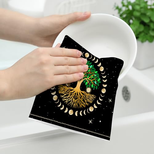 Black Kitchen Dish Towel Set of 2 Ancient Life Tree Tea Towel | Decorative Hand Towels for Kitchen Bathroom Farmhouse Bar Decor, Moon Luna Hippy Decor Drying Cloth 16"x24" - color: Tree Moon