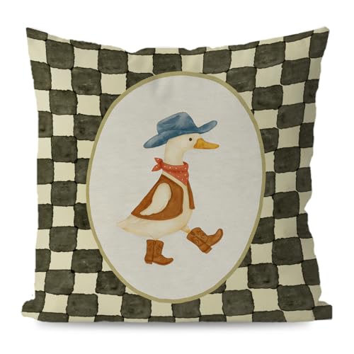 Western Cowboy Goose Nursery Pillow Cover 18x18, Whimsical Farmhouse Country Wild West Goose Retro Checkered Decorative Throw Pillow Cover for Home Nursery Kids Room Bedroom
