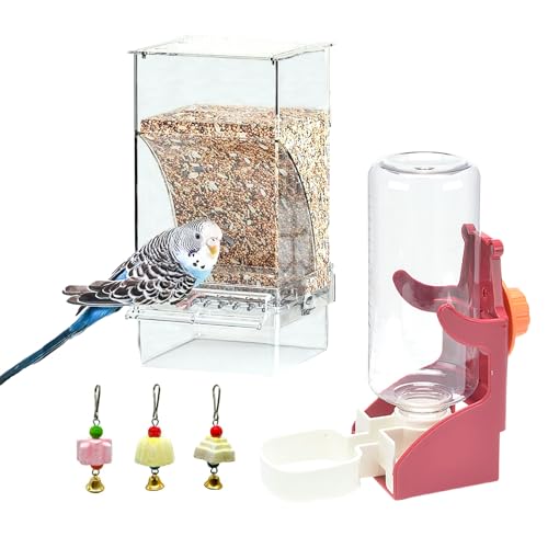 Parrot Automatic Feeder Bird Water Dispenser for Cage No Mess Bird Feeder Food Container Feeding Station Foraging with 3 Beak Grinding Stone for Cockatiel Cockatoo Canary Lovebirds - color: Red+Transparent, size: 2Pcs