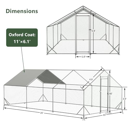 10' x 20' Large Metal Chicken Coop, Outdoor Heavy-Duty Chicken Run with Waterproof Oxford Cover & Secure Lockable Door, Walk-in All-Weather Poultry Cage for Hens, Ducks, Rabbits, Silver - color: Silver B, size: 120.0"L x 240.0"W x 240.0"H