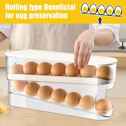 ROWPOZ 2026 New Egg Holder for Fridge, Egg Organizer for Refrigerator Automatic Scrolling Eggs Rack Holder Rolling Dispenser Stackable Container and Storage for Refrigerator with Lid