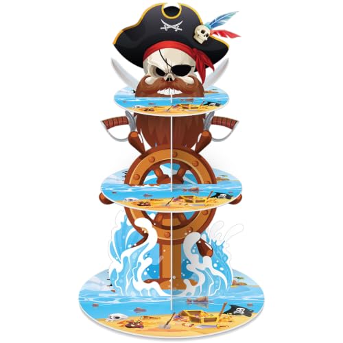 3 Tier Pirate Cupcake Stand Decoration Nautical Sailing Skull Cap Cupcake Tower Pirate Table Decoration Treasure Dessert Holder Table Display for Birthday Halloween Nautical Party Decor - style: Pirate