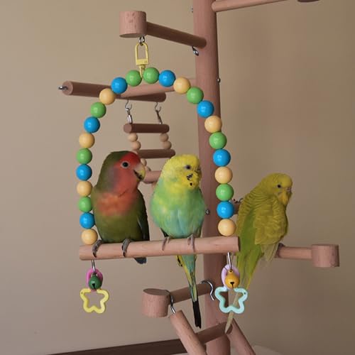 Wooden Bird Swing for Cage Large Parrot Hanging Toys Cockatiel Perch Stand | Colorful Acrylic Beads, Budgie Chewing Toy with Bell, Parakeet Climbing Training Set, Quaker Conures Birdcage Accessories - color: Oceanic palette