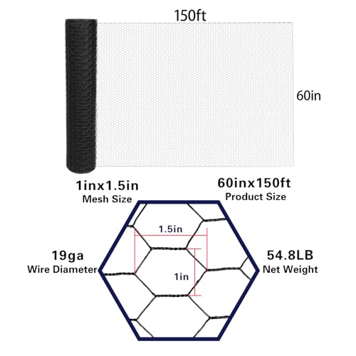 Black 19GA Chicken Wire 60inx150ft, Chicken Wire Fencing, Chicken Fence, PVC Coated Chicken Wire, PVC Coated Wire Mesh for Animal/Rabbit/Floral/Chicken Coop/DIY Projects. - color: Black, size: 60inx150ft
