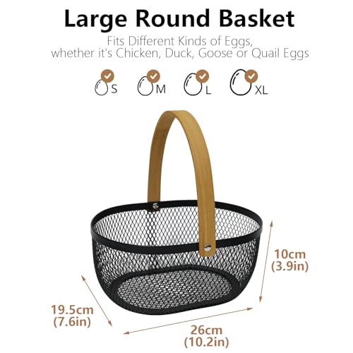 Farmhouse Egg Baskets for Gathering Fresh Eggs, Oval Metal Egg Collecting Basket Egg Holder with Wooden Handle, Countertop Kitchen Decor