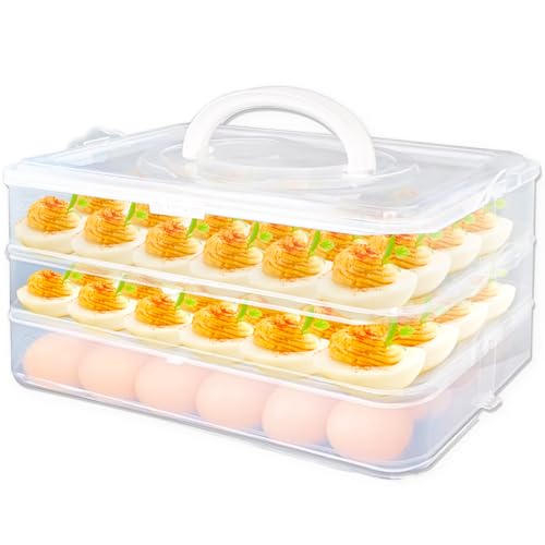 Jgalnim 3 Layer Deviled Egg Trays Containers with Lid,Plastic Refrigerator Egg Carrier with Handle for 72 holes,Clear Storage Platter for Portable Devil Egg,Easter Thanksgiving - style: 3 layer 72eggs