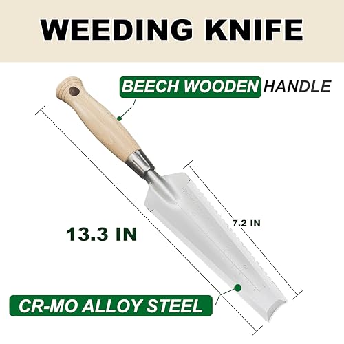 SUMIO 13.3" Alloy Steel Weeding Transplanter, Hori Hori Knife, Digging Trowel with Serrated Edge, Garden Root Cutter, and Dandelion Trowel for Propagation and Transplanting