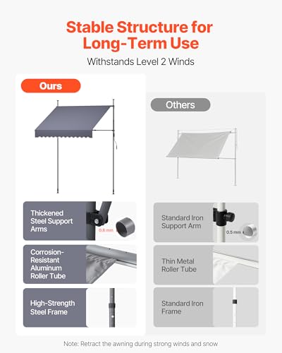 VEVOR Manual Retractable Awning, 59" x 59" Outdoor Patio Awnings Sunshade Shelter with 43"-59" Retractable Side Bar, No Drill Height Adjustable, Crank Handle for Backyard, Balcony, Dark Gray - size: 59x59 in