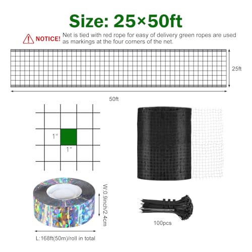 Bird Netting for Chicken Coop 25 X 50 Ft 1" Square Mesh Heavy Duty Chicken Run Netting Roof Cover Against Hawks, Eagles, Owls, UV Resistant, for Garden, Fruit Tree, Plant, Vegetable Protection - size: 1 inch mesh - 25 x 50 ft