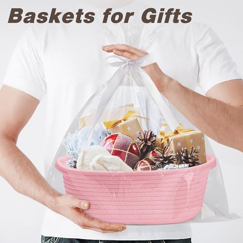 Pro Goleem Small Woven Basket with Gift Bags and Ribbons Durable Baskets for Gifts Empty Small Rope Basket for Storage 12"X 8" X 5" Baby Toy Basket with Handles, Pink - color: pink