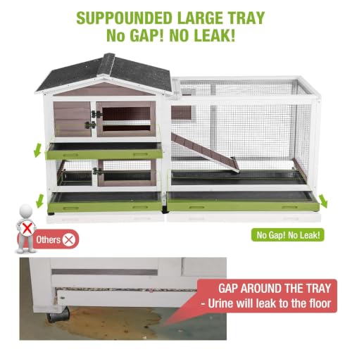 GUTINNEEN Rabbit Hutch with Chew-Resistant Ramp Indoor Bunny Cage Outdoor Guinea Pig Cage with Wheels and Leakproof Tray - size: 62.0"L x 22.6"W x 33.5"H
