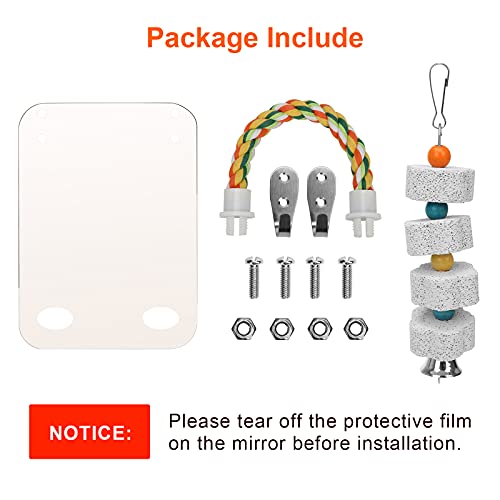 7" Bird Mirror for Cage, Parakeet Cockatiel Parrot Mirror with Rope Perch | Bird Swing Toys Parrot Grinding Stone with Bell for Parakeet Cockatoo Lovebirds Canaries