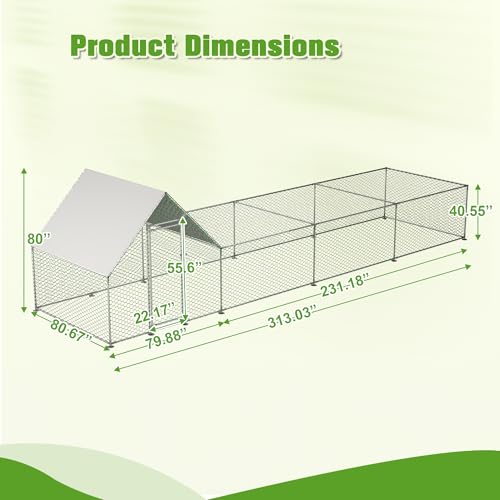 26'L x 6.7'W x Outdoor Chicken coop 6.6'H Large Metal Chicken Coop, Walk-in Poultry Pen, Galvanized Wire Hen Cage with Metal Chicken coop Weather- Cover for Outdoor Use, Spacious