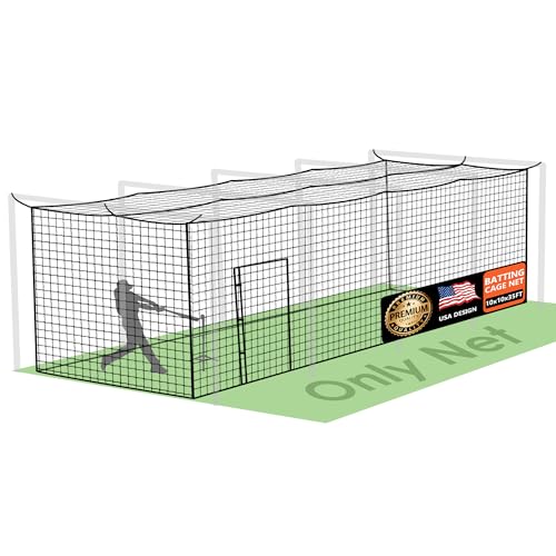 ORIENGEAR Baseball Batting Cage Nets, ONLY NET, 70'L/55'L/35'L/20'L Baseball and Softball Cage Netting, 1.88" #45 Mesh, Professional Fully Enclosed PE Hitting Cage Net with Door, Without Poles - size: 35*10*10
